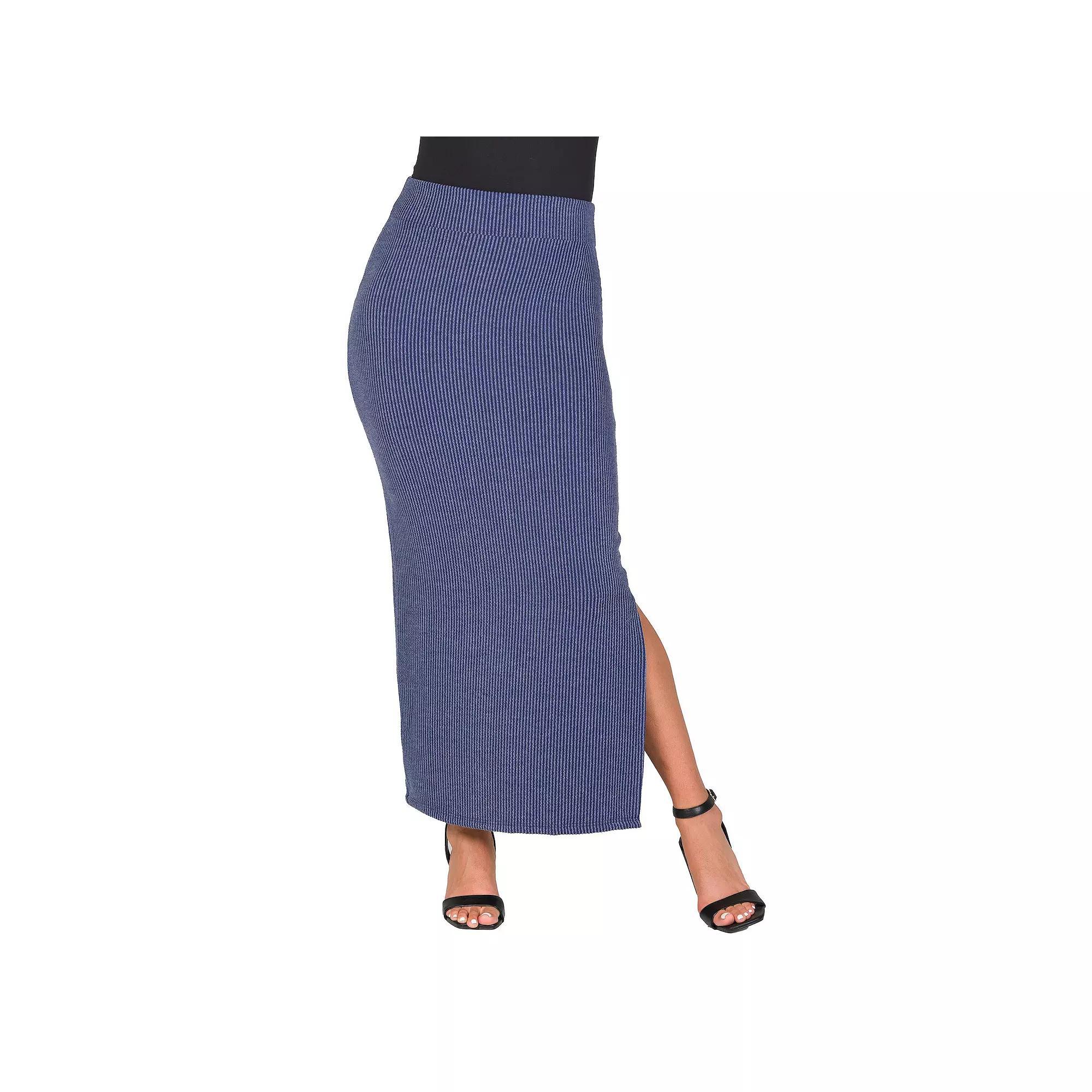 Women's 24Seven Comfort Apparel Ribbed Knit Side Slit Elastic Waist Maxi Skirt, Size: Medium, Blue Product Image