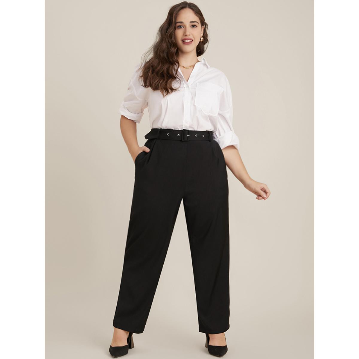 Plus Size Solid Mid Rise Pocket Belted Pants Women Black Office Mid Rise Work Pants BloomChic 10/M Product Image