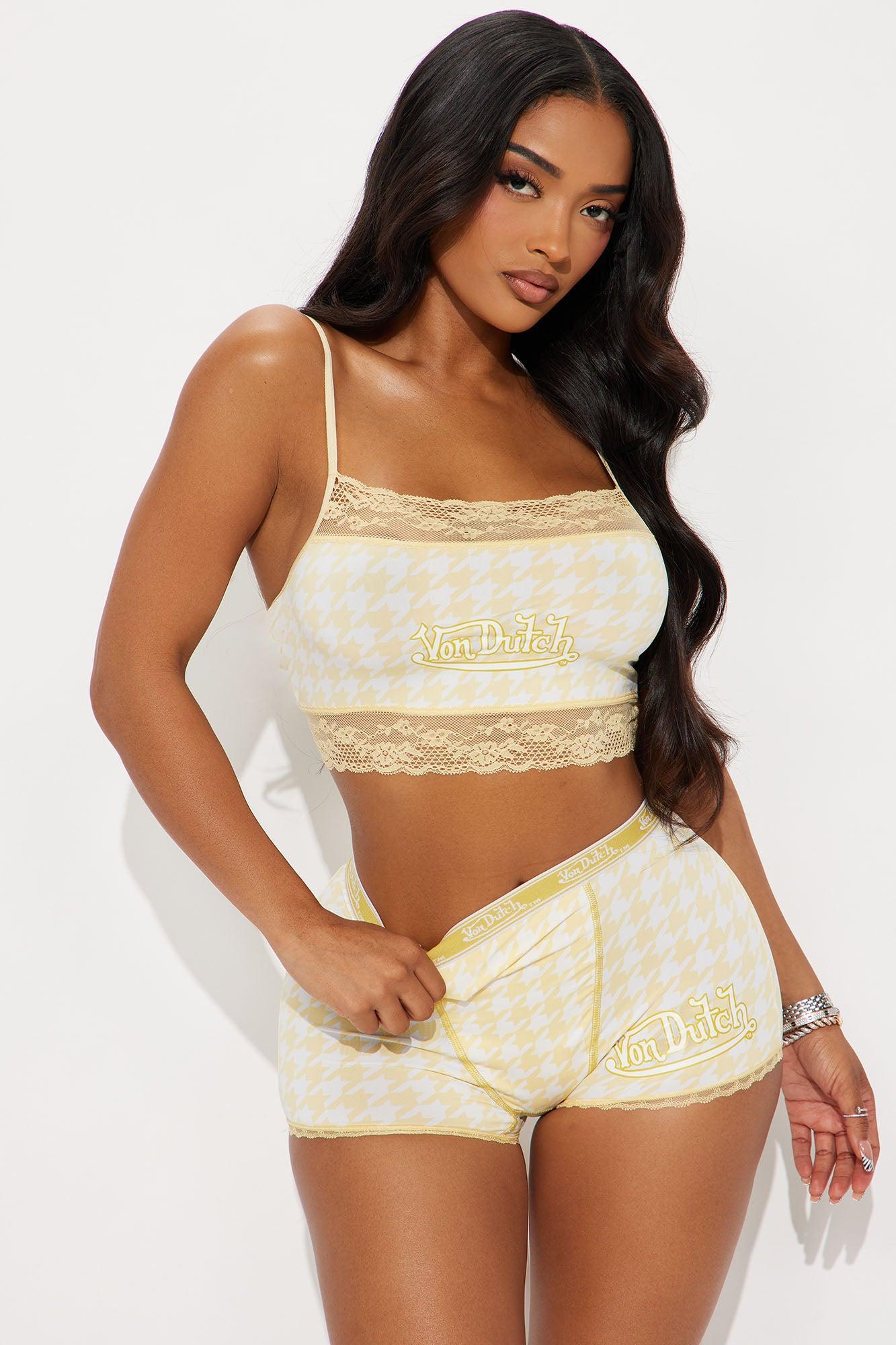 Von Dutch Lace Trim Houndstooth Boxer Short And Cami Bra 2 Piece Set  - Yellow Female Product Image