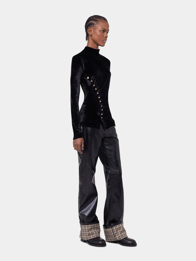 BLACK LONG-SLEEVED DRAPE TOP IN VELVET Product Image