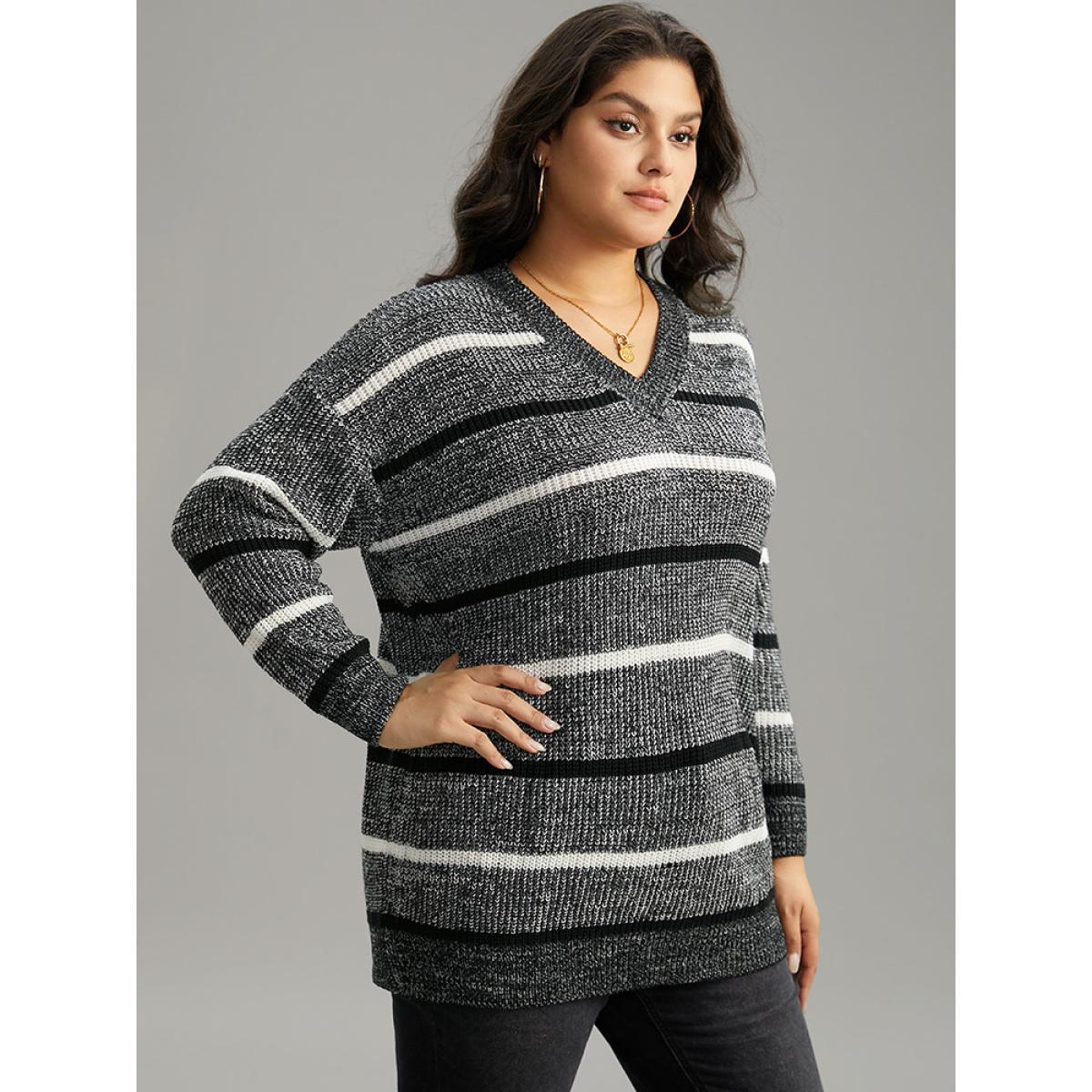 Plus Size V Neck Striped Contrast Heather Pullover Black Women Casual Loose Long Sleeve V-neck Dailywear Pullovers BloomChic 22-24/3X Product Image