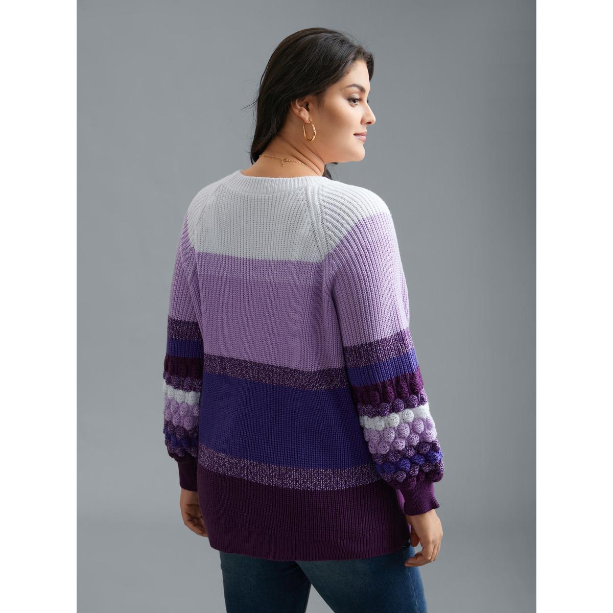 Plus Size Color contrast Plisse Raglan Sleeve Pullover Deeppurple Women Casual Loose Long Sleeve Round Neck Everyday Pullovers BloomChic 14-16/1X Product Image