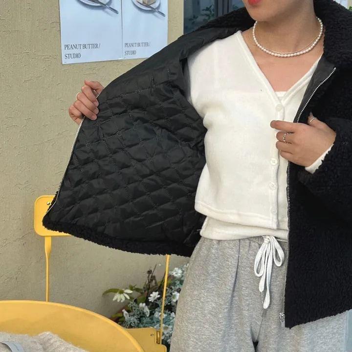 Collar Plain Fleece Zip Jacket Product Image