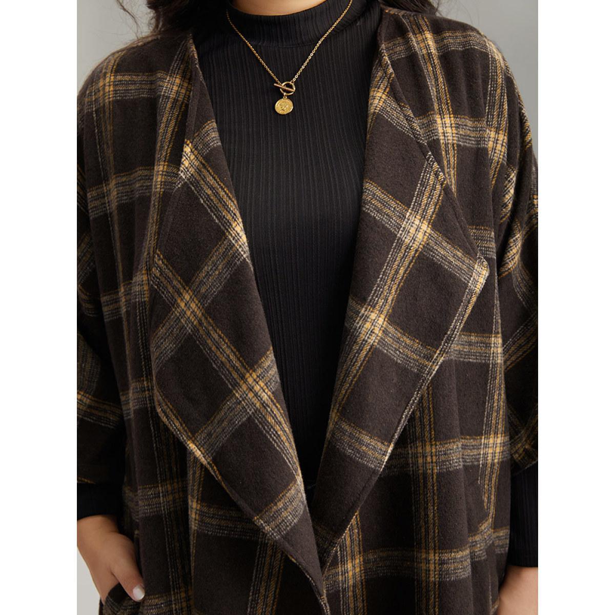 Plus Size Plaid Asymmetrical Neck Dolman Sleeve Belted Coat Women DarkBrown Elegant Belted Ladies Dailywear Winter Coats BloomChic 14-16/1X Product Image