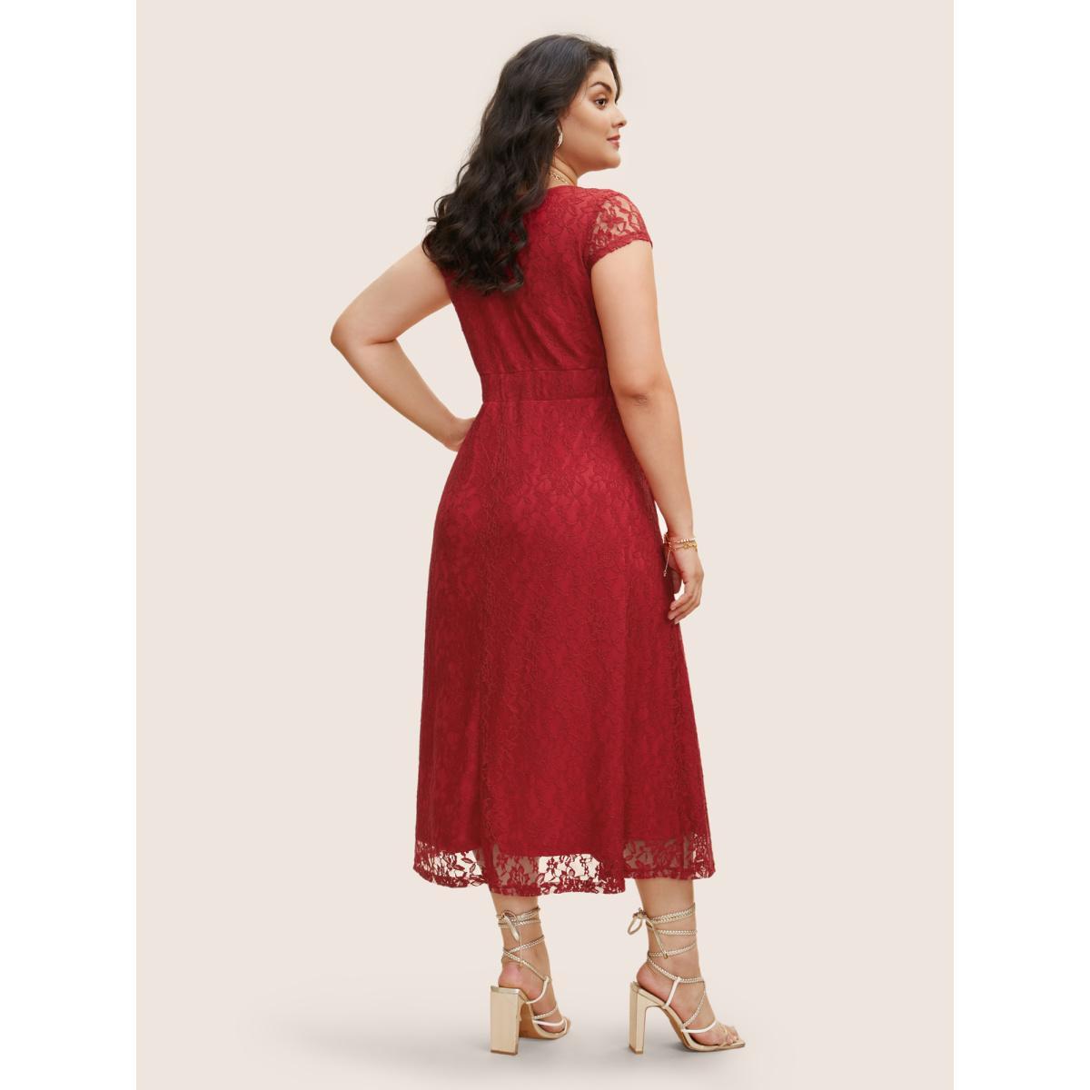 Plus Size Lace Panel Heart Neckline Split Side Dress Burgundy Women Cocktail Heart neckline Cap Sleeve Curvy BloomChic 18-20/2X Product Image