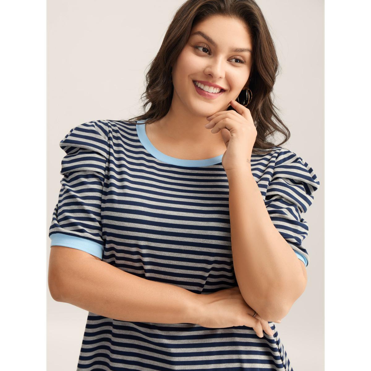 Plus Size Textured Stripes Color Contrast T-Shirt Indigo Women Texture Round Neck Everyday-Casual T-shirts BloomChic 10/M Product Image