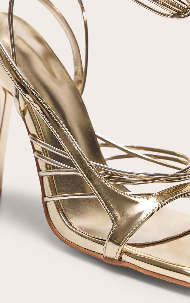 Gold Pu Square Toe Asymmetric Strappy Lace Up High Heel Sandals Product Image