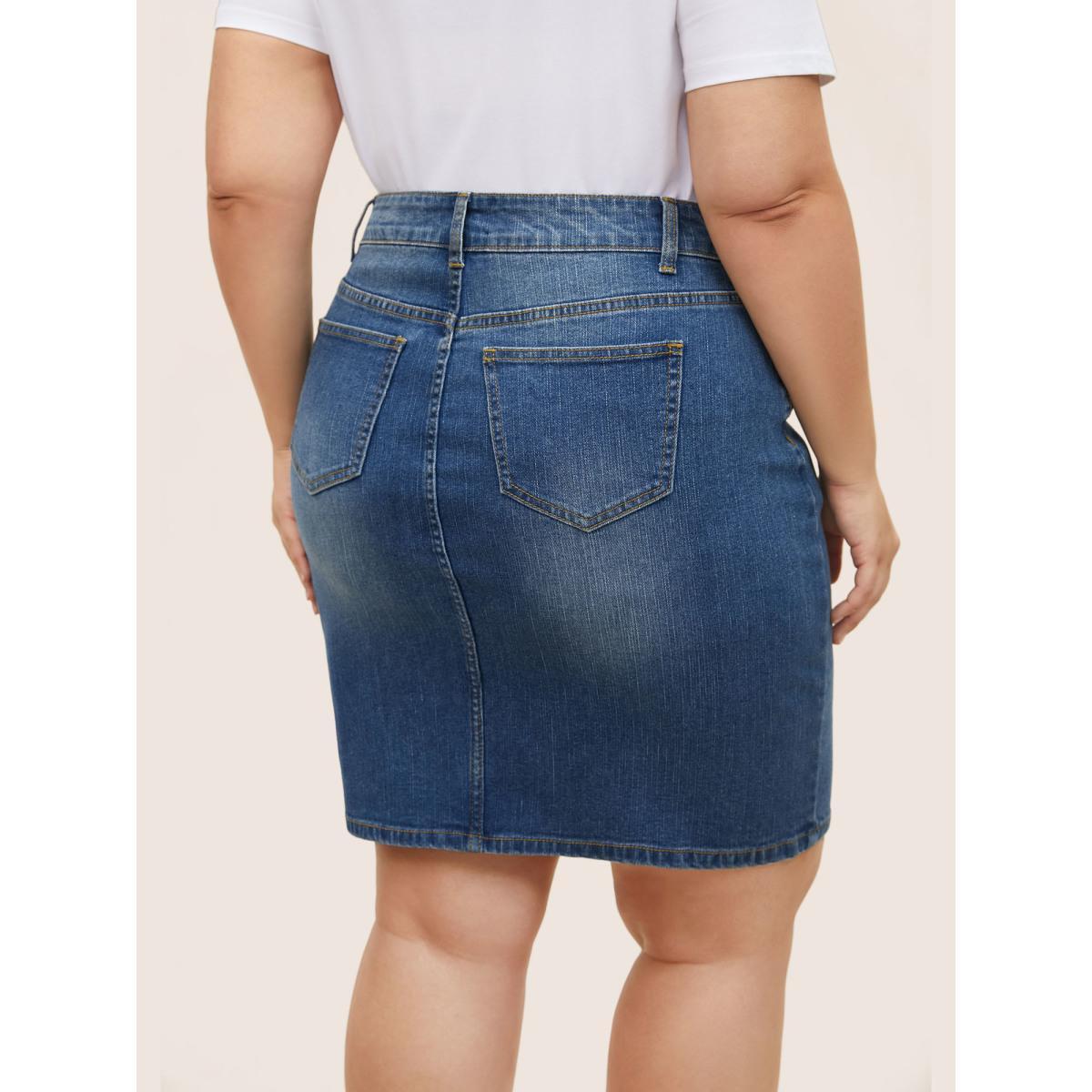 Plus Size Dark Wash Button Detail Bodycon Denim Skirt Women Blue Everyday Non Plain High stretch Dark Wash 12/L Slanted pocket Elegant Denim Skirts BloomChic Product Image