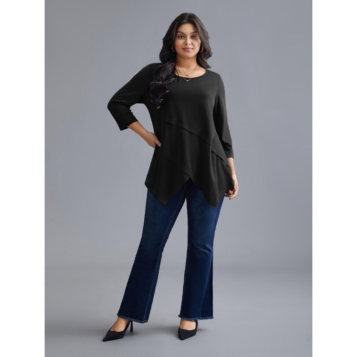 Plus Size Asymmetrical Hem Overlap Long T-shirt Black Women Elegant Tucked seam Round Neck Loose Everyday T-shirts BloomChic 30/6X Product Image