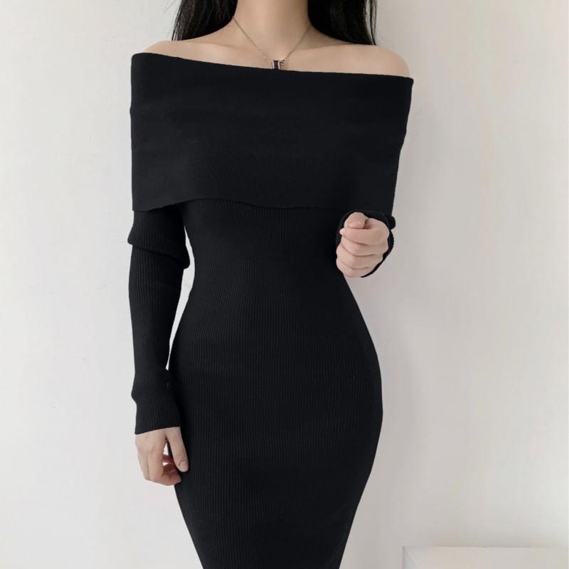 Off-Shoulder Long-Sleeve Plain Mini Knit Dress Product Image