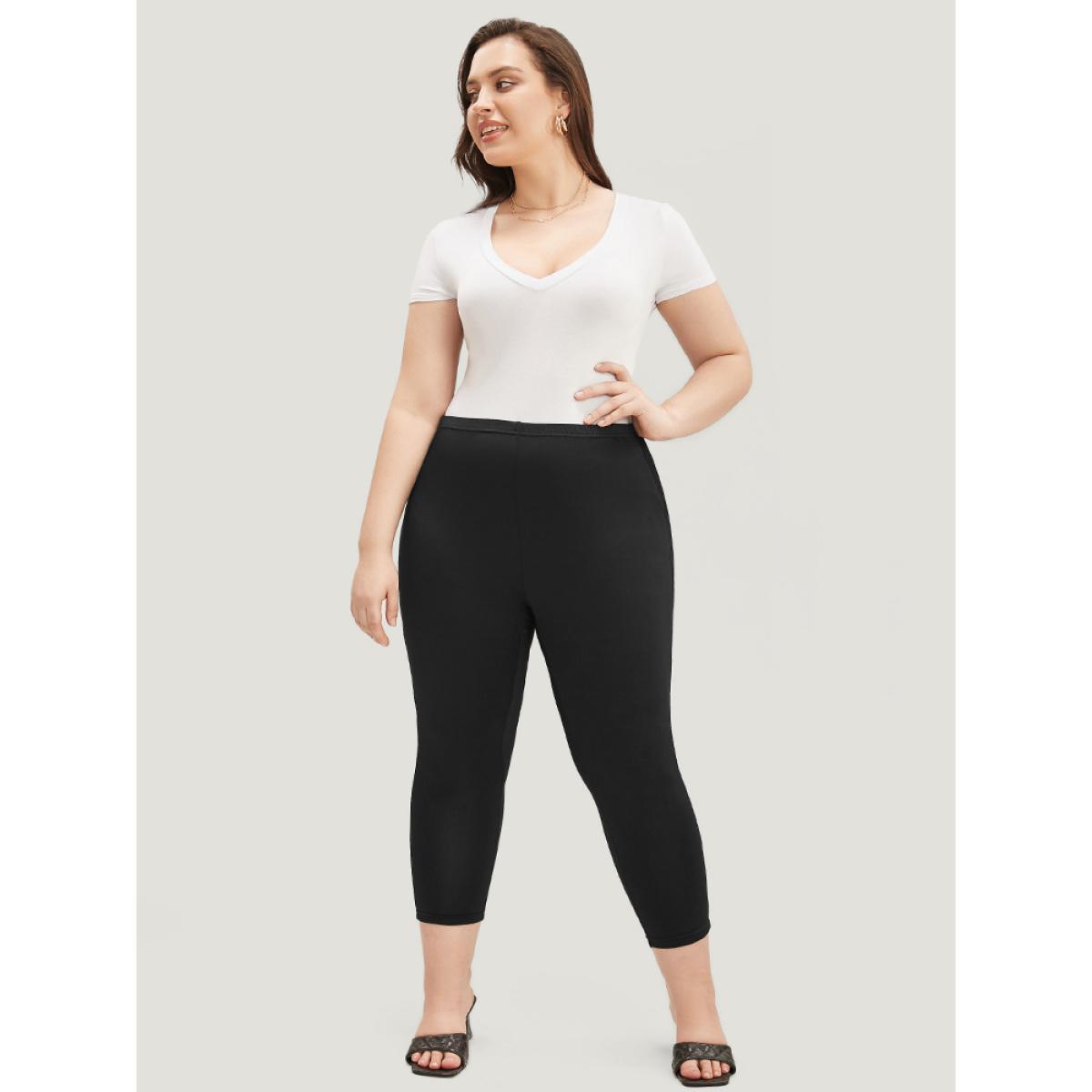 Plus Size Solid Lace Insert Elastic Waist Skinny Leggings Women Black Elegant High stretch Skinny Mid Rise Dailywear Leggings BloomChic 14-16/1X Product Image