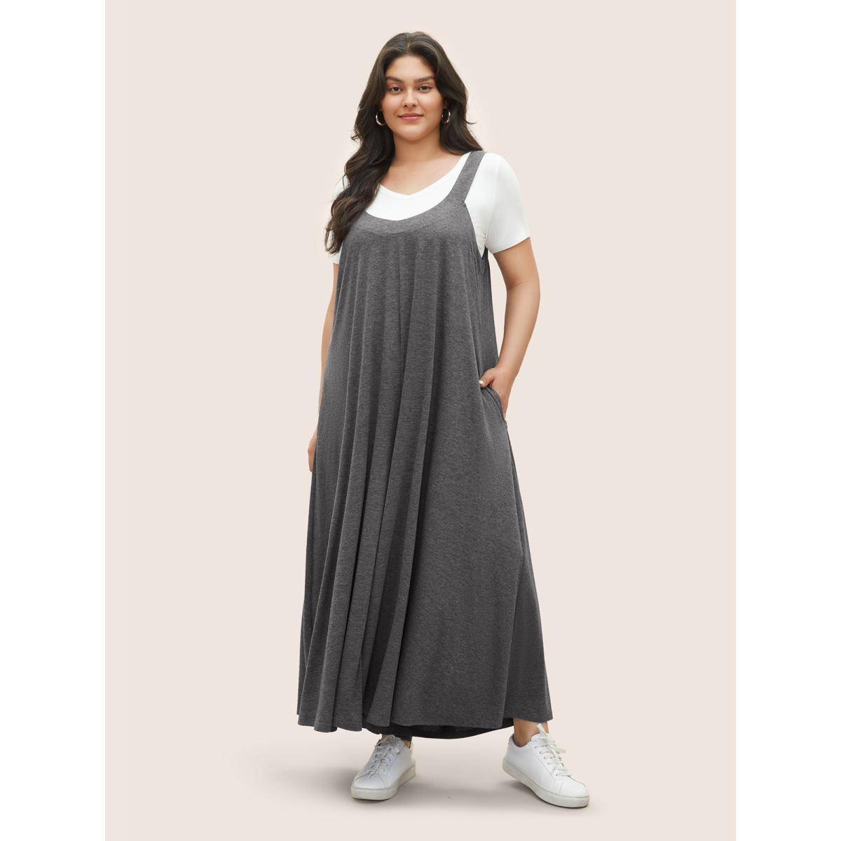 Plus Size Gray Supersoft Essentials Solid Pocket Adjustable Straps Jumpsuit Women Casual Sleeveless Non Everyday Loose Jumpsuits BloomChic 10/M Product Image