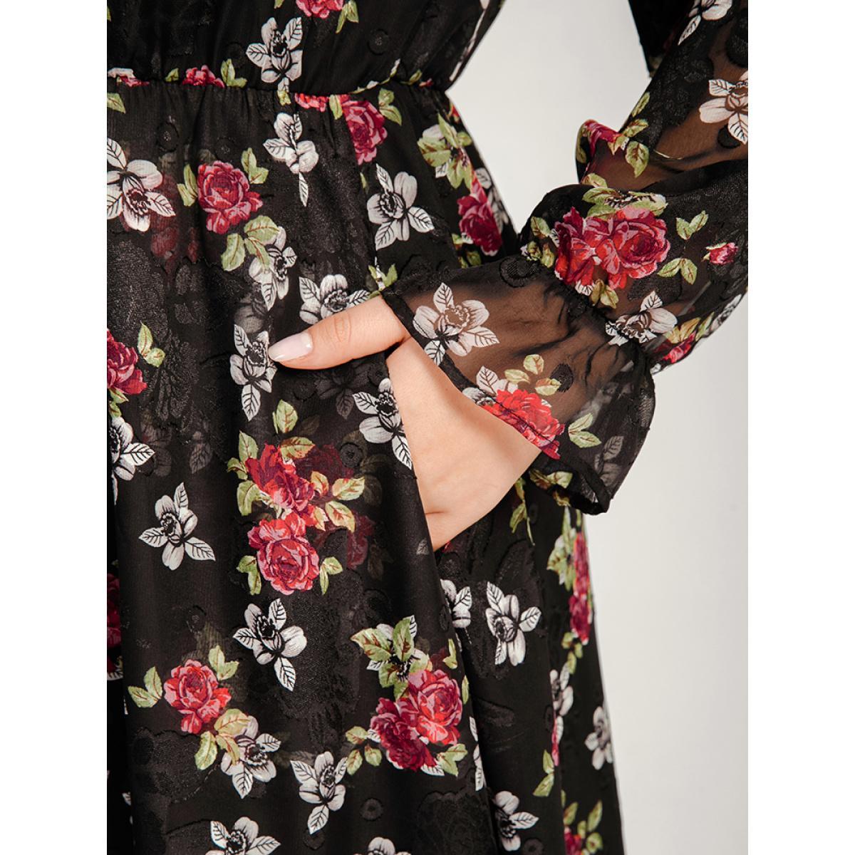 Plus Size Floral Mesh Lantern Sleeve Pocket Flutter Dress Black Women Dating V-neck Long Sleeve Curvy Midi Dress BloomChic 30/6X Product Image