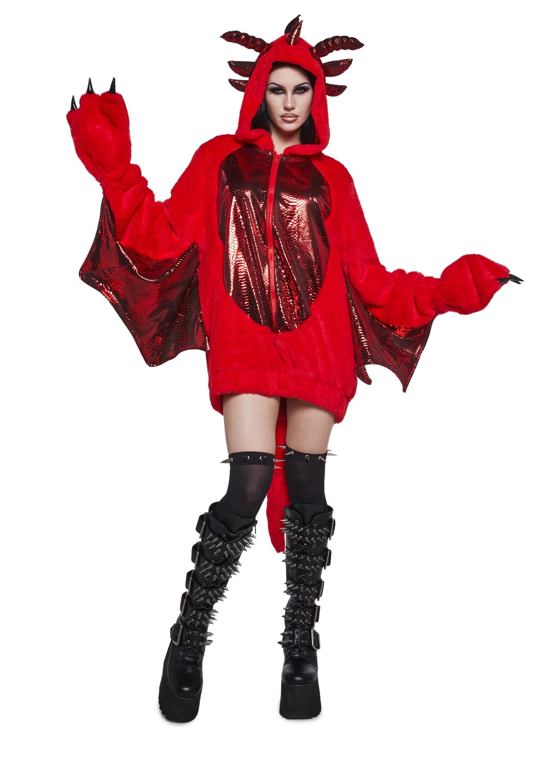 Sexy Womens Dragon Faux Fur Hoodie - Red Product Image