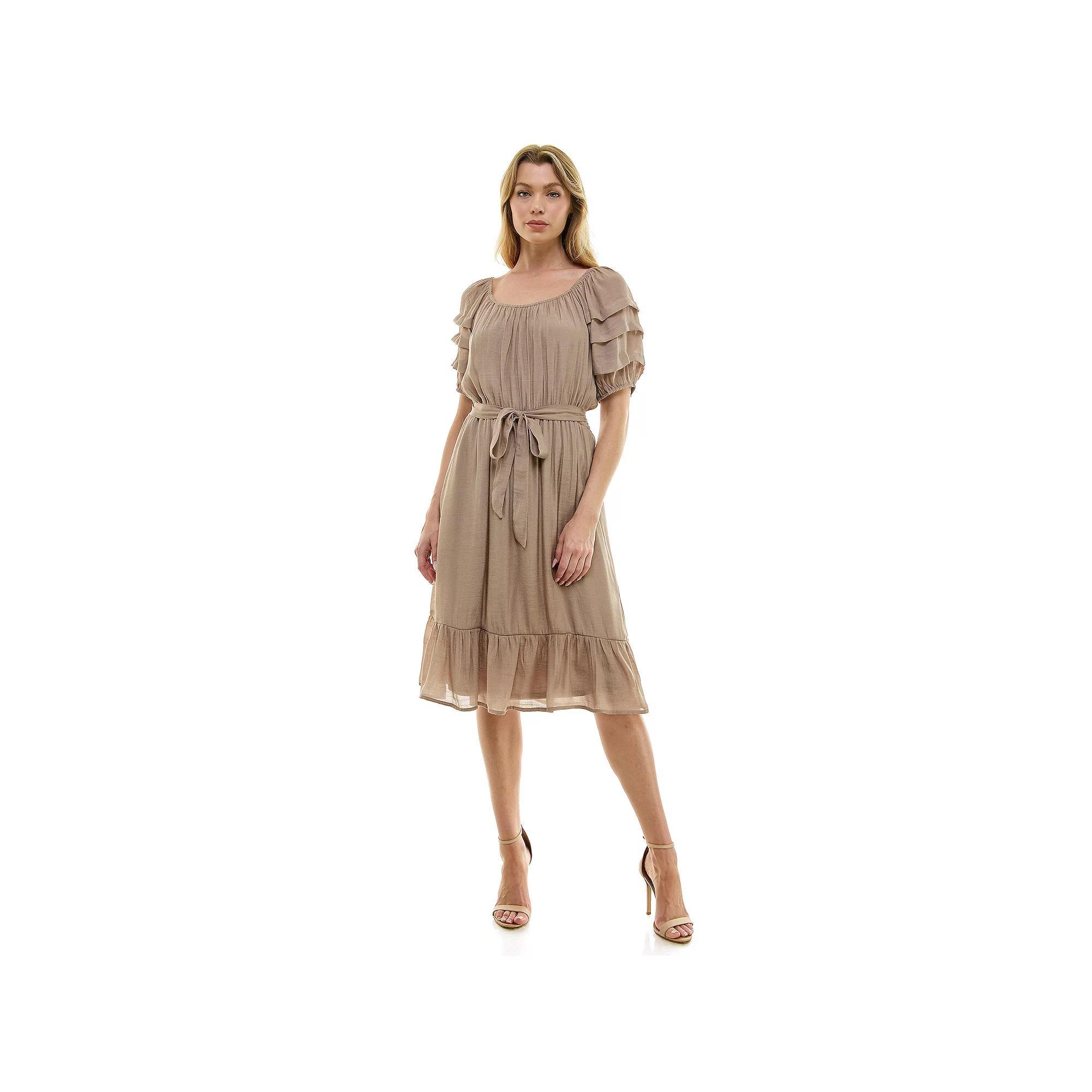 Women's Luxology Pleated Sleeve Belted Midi Dress, Size: Medium, Brown Product Image