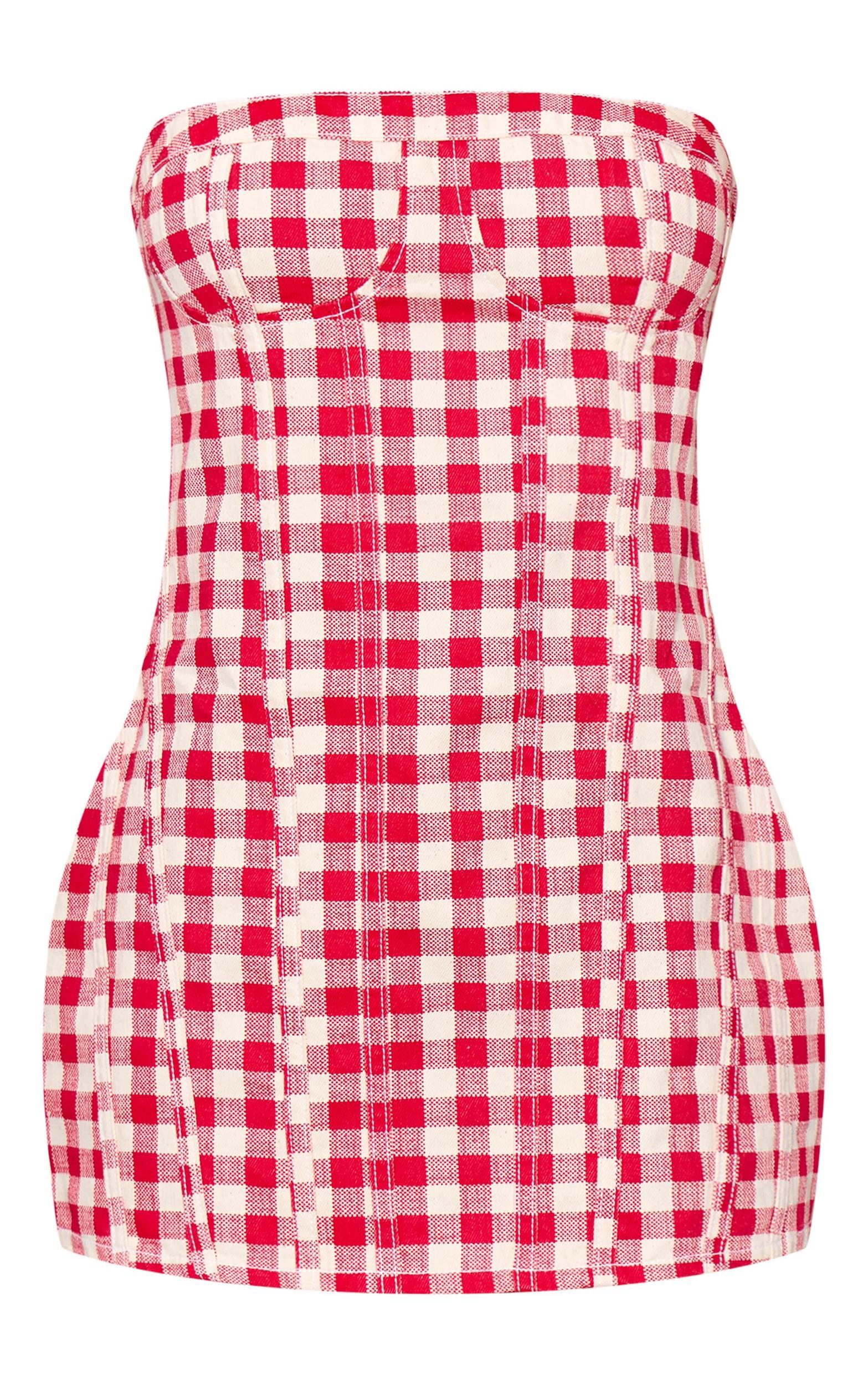 Red And White Gingham Denim Mini Dress Product Image