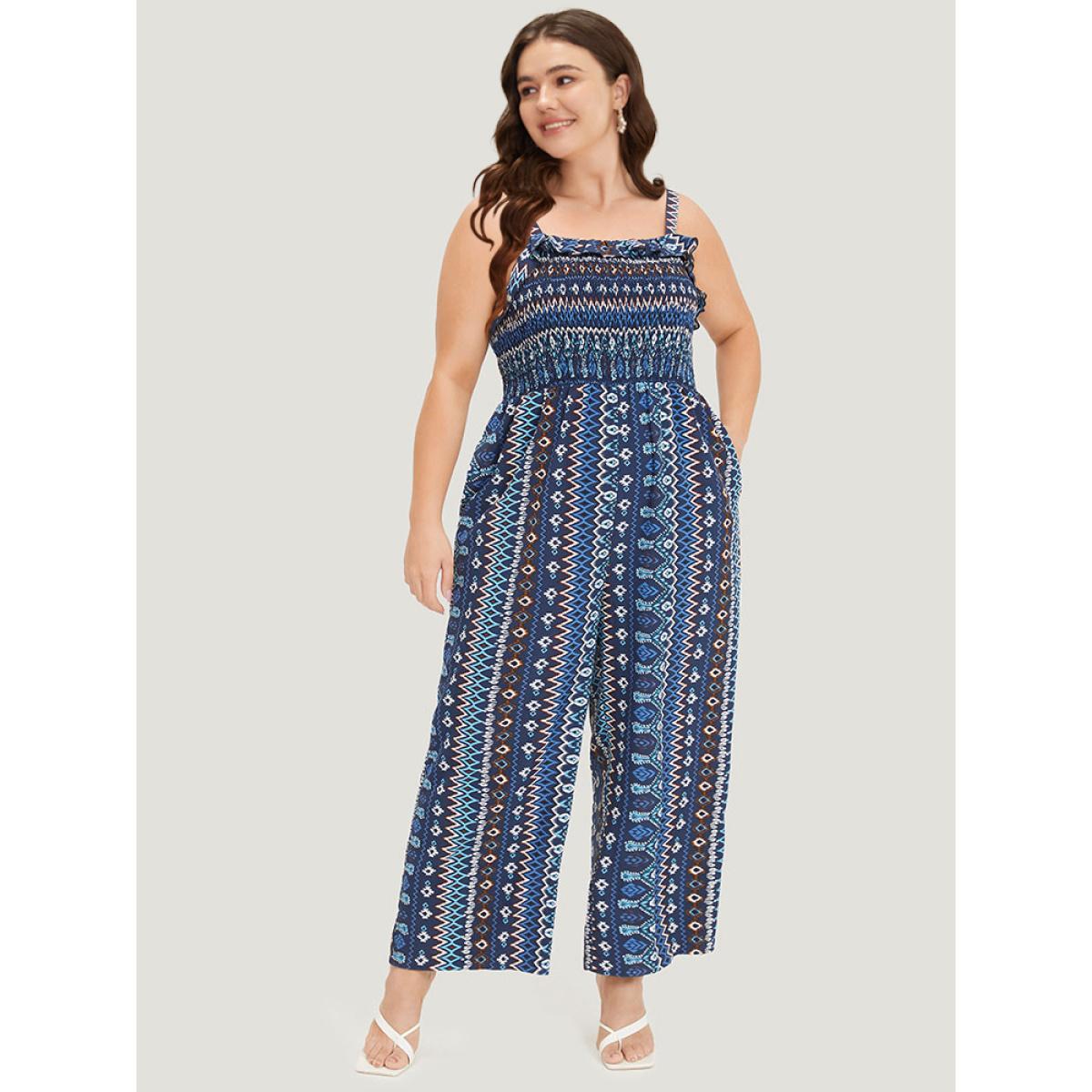 Plus Size DarkBlue Boho Print Shirred Pocket Elastic Wais Ruffle Trim Cami Jumpsuit Women Elegant Sleeveless Spaghetti Strap Dailywear Loose Jumpsuits BloomChic 18-20/2X Product Image