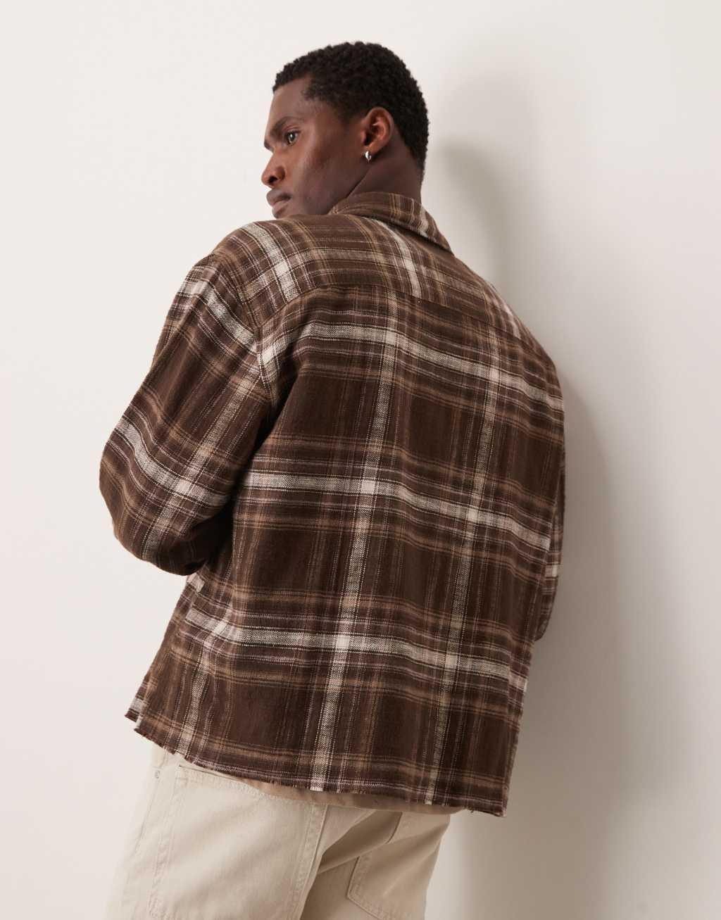 Abercrombie & Fitch cropped slub flannel plaid overshirt in brown Product Image