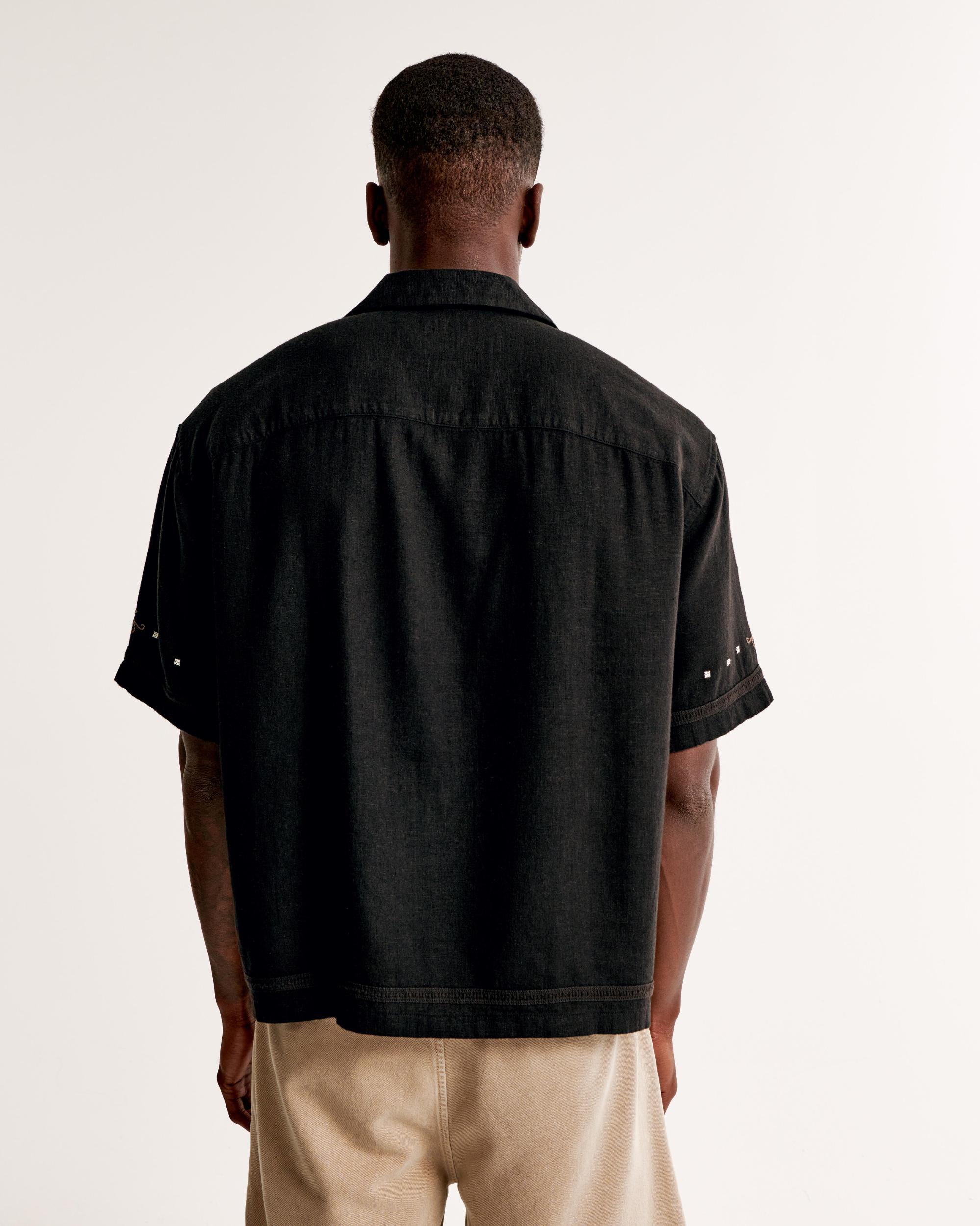 Camp Collar Cropped Summer Linen-Blend Embroidered Shirt Product Image