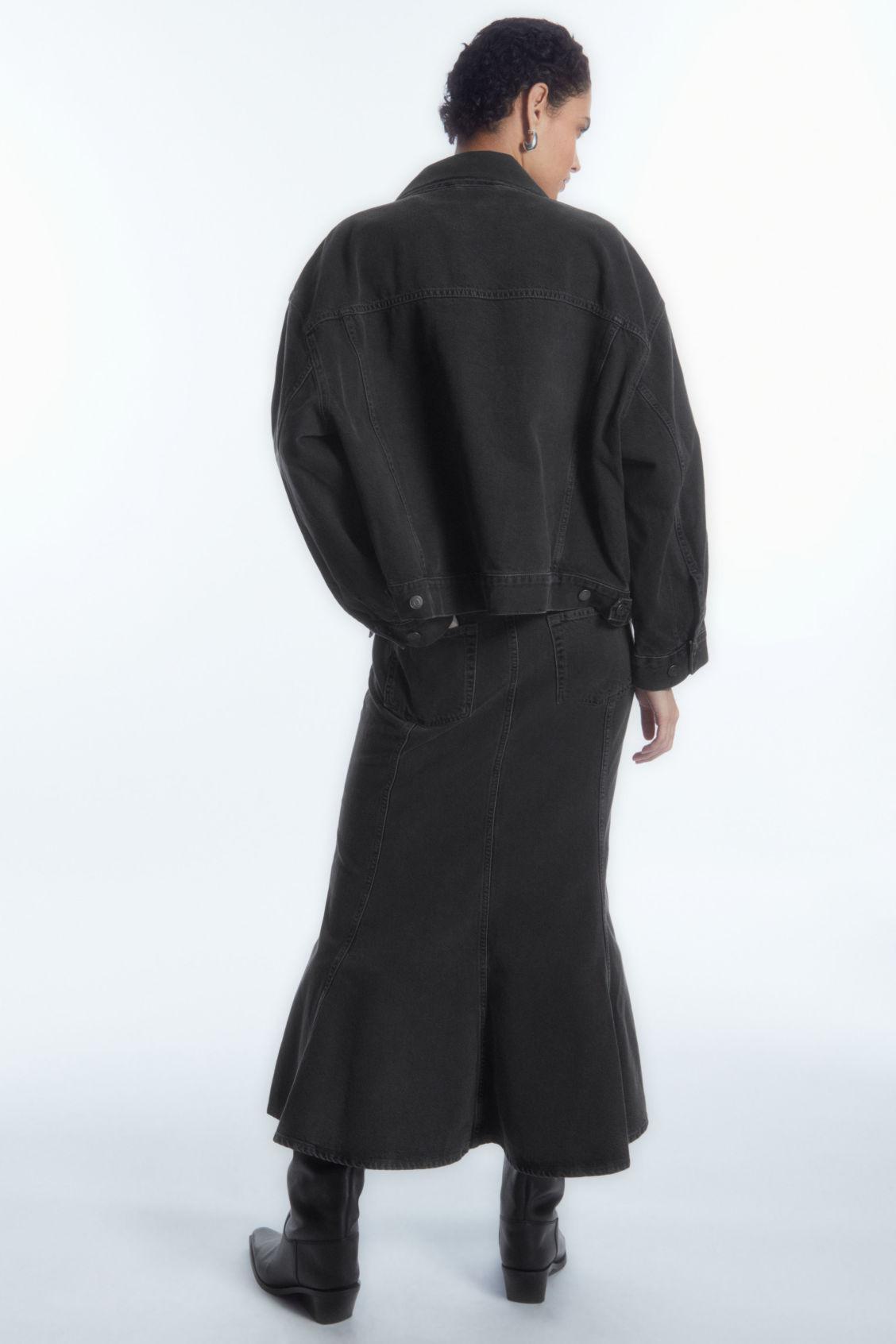 PANELED FLARED DENIM SKIRT Product Image