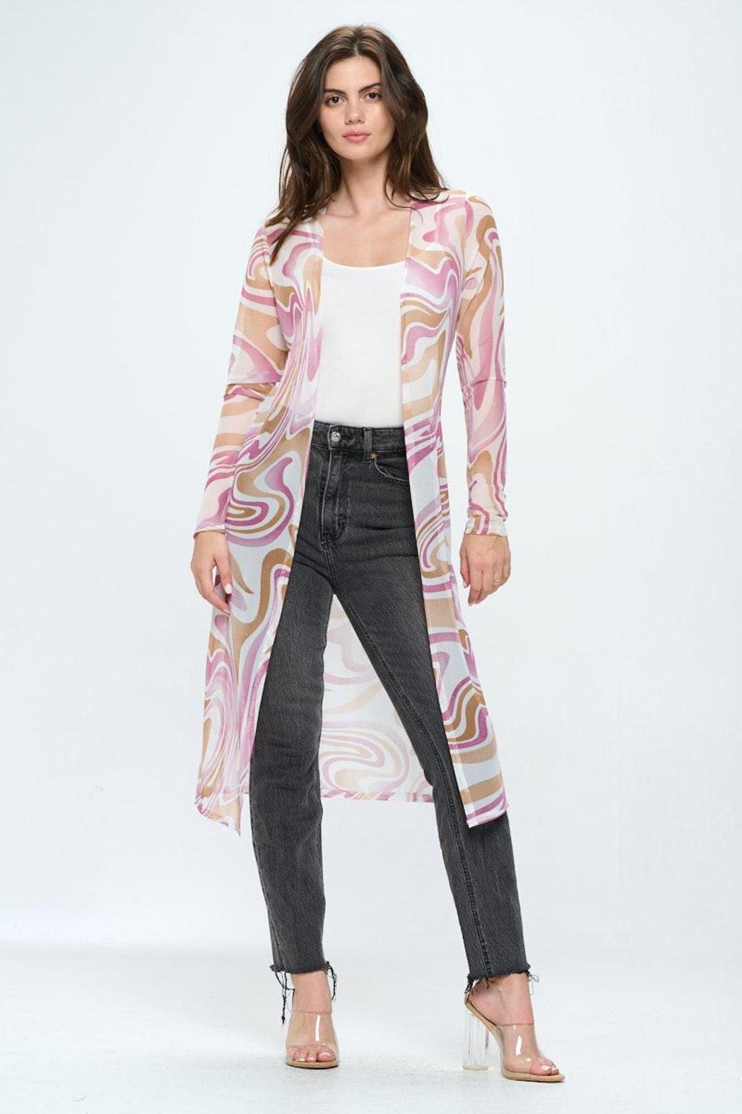 Long Sleeve Longline Duster In Swirl Printed Mesh Product Image