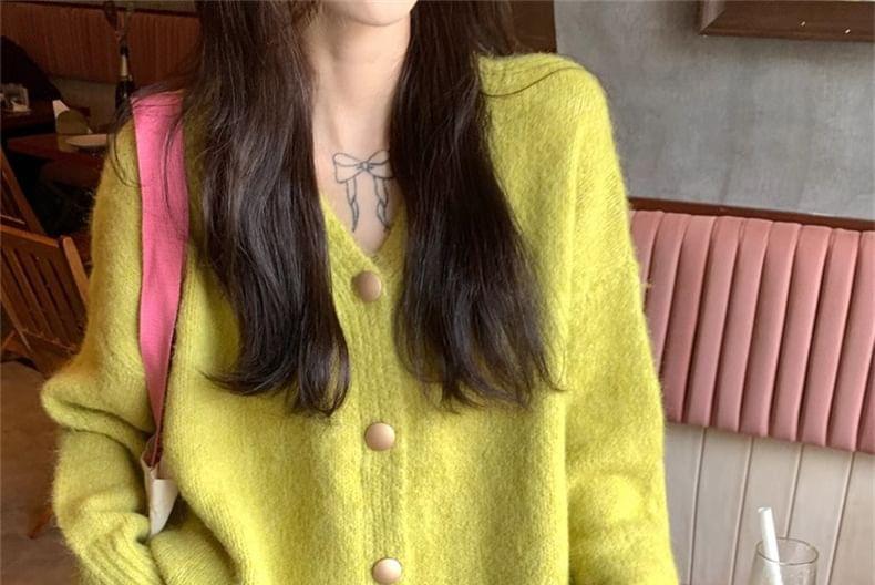Set: V-Neck Plain Distressed Button-Up Cardigan + Choker Product Image