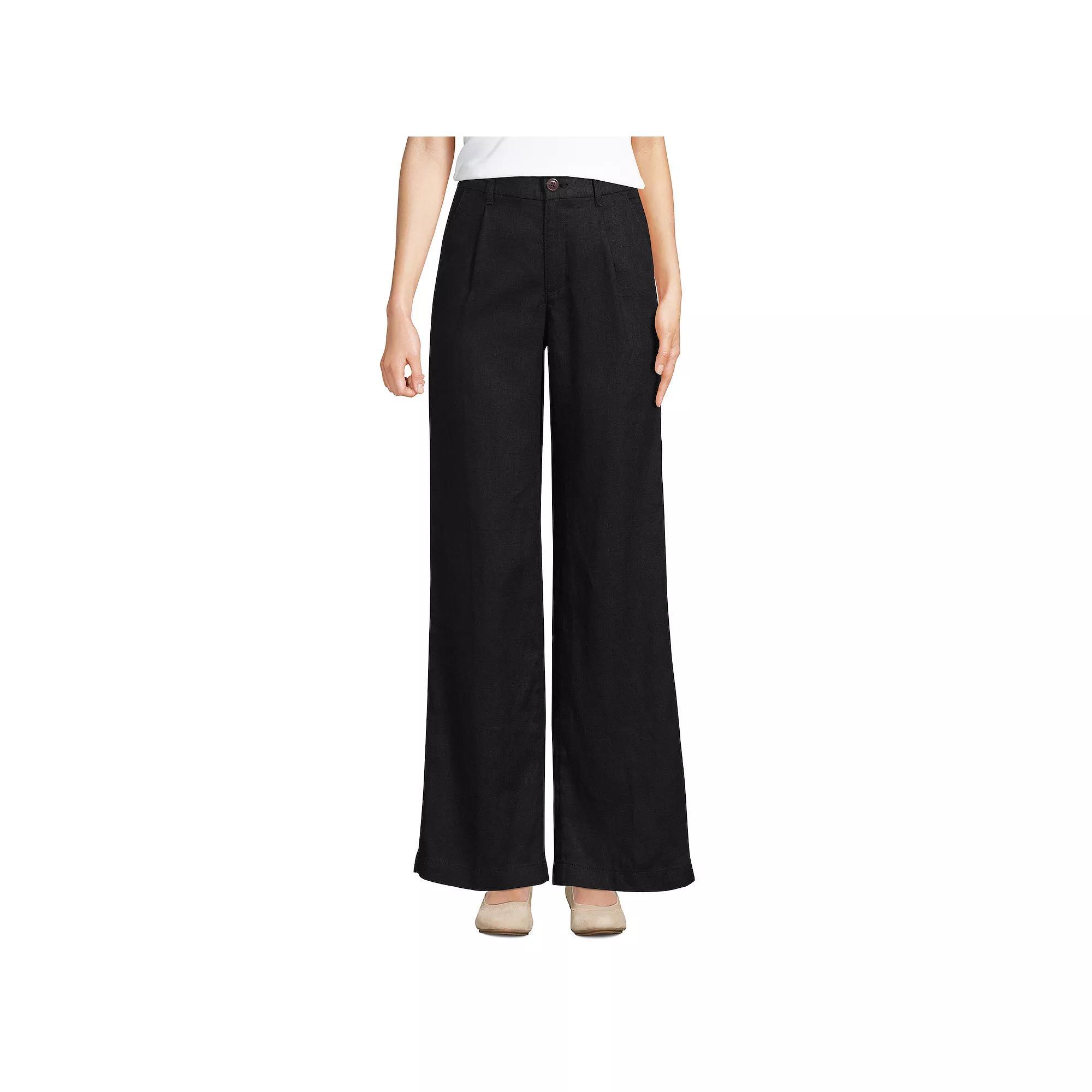Women's Lands' End High-Rise Wide-Leg Linen Pleated Pants, Size: 10, Black Product Image