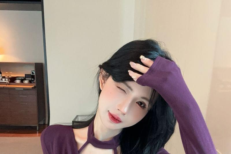 Long Sleeve Halter Plain Ruched Top Product Image