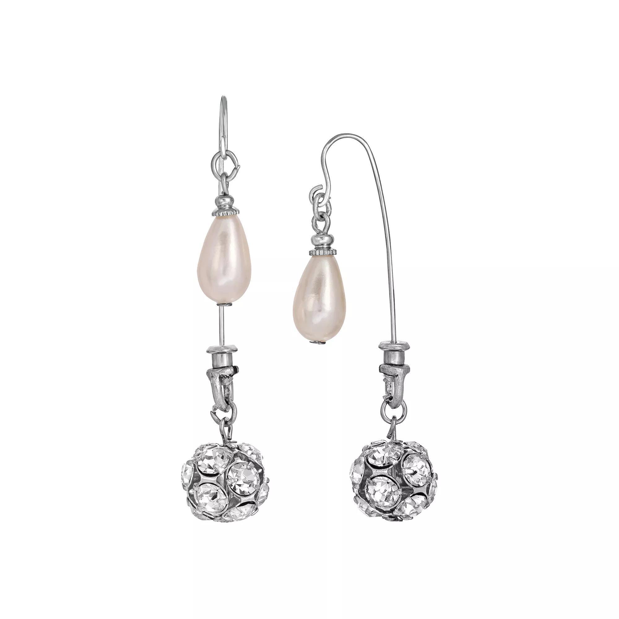 1928 Silver Tone Simulated Pearl & Crystal Front-Back Drop Earrings, Womens, White Product Image