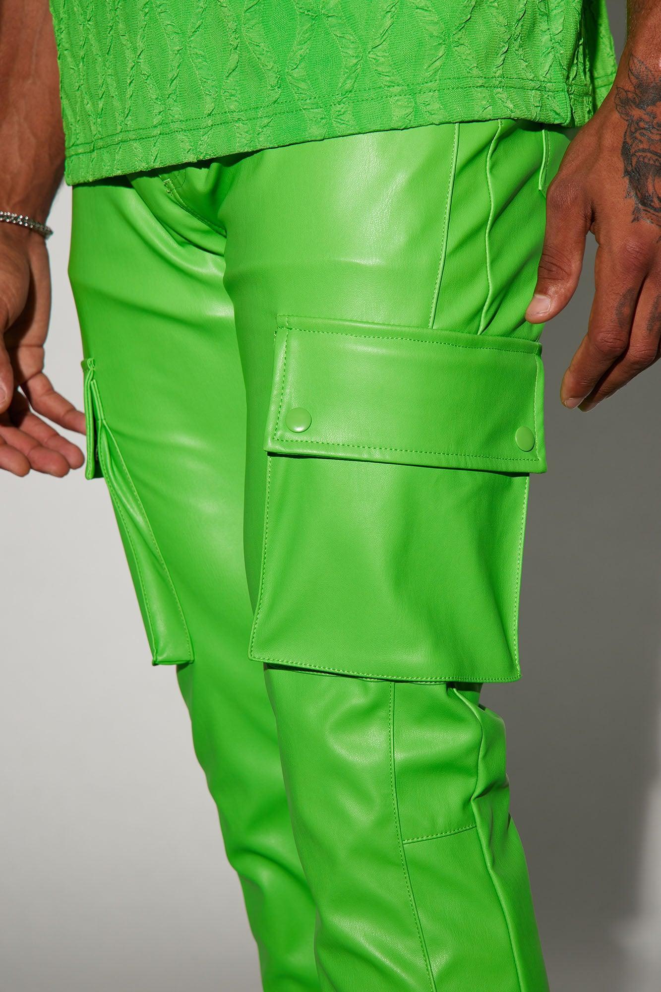 Finest Faux Leather Cargo Slim Flare Pants - Green Product Image