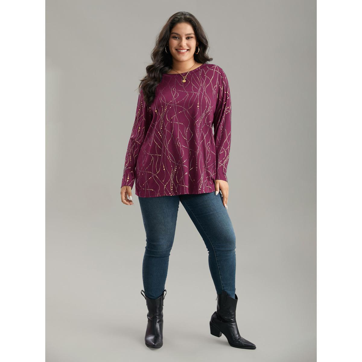Plus Size Polka Dot Contrast Round Neck T-shirt RedViolet Women Casual Contrast Polka Dot Round Neck Dailywear T-shirts BloomChic 18-20/2X Product Image