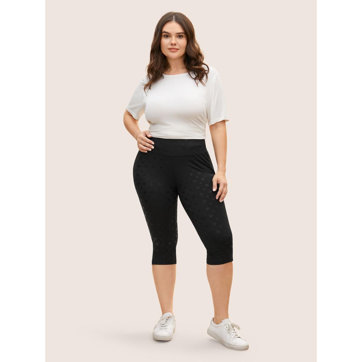 Plus Size Star Glitter High Stretch Split Hem Leggings Women Black Casual High stretch Skinny Mid Rise Everyday Leggings BloomChic 26/4X Product Image