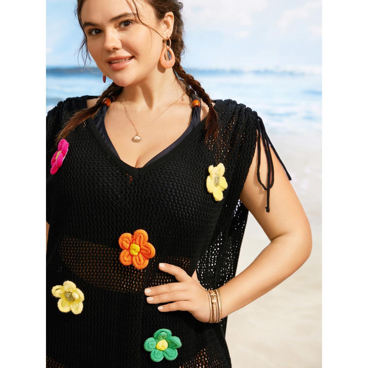 Plus Size Stereo Flower Design Drawstring Swim Cover Up Women's Swimwear Black Beach Loose Crochet Curve Swim Cover Ups BloomChic 30/6X Product Image