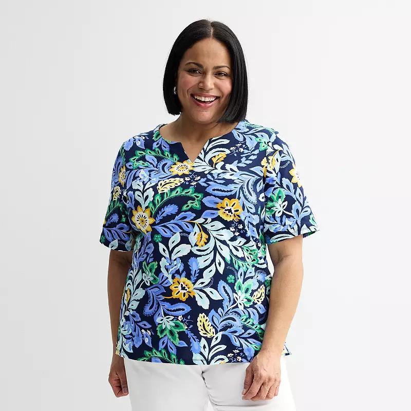 Plus Size Croft & Barrow® Elbow Sleeve Split Neck Top, Women's, Size: 1XL, Blue  Pink Product Image