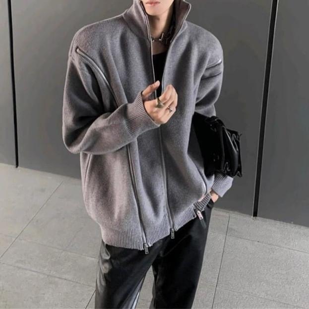 Stand Collar Plain Zip-Up Cardigan Product Image