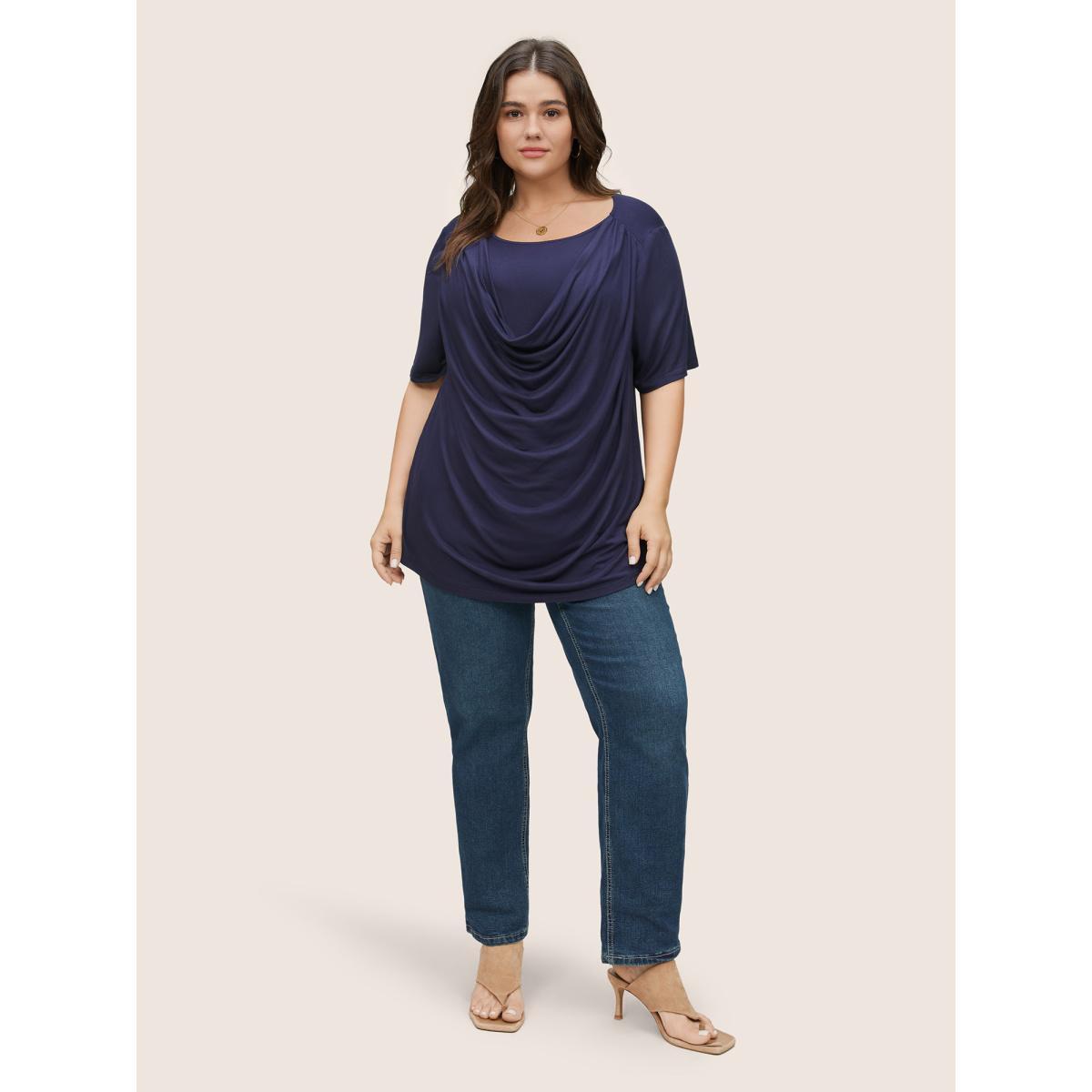 Plus Size Solid Cowl Neck Gathered T-shirt Indigo Women Elegant Non Plain Cowl Neck Everyday T-shirts BloomChic 28/5X Product Image