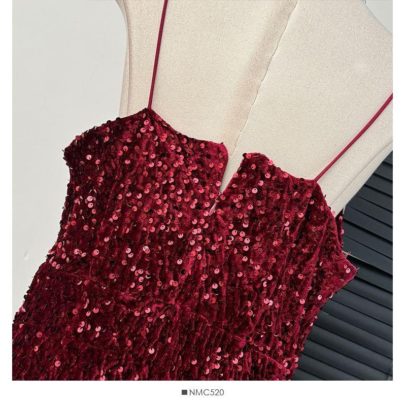 Velvet Sequined Sleeveless V-Neck Maxi Dress Product Image