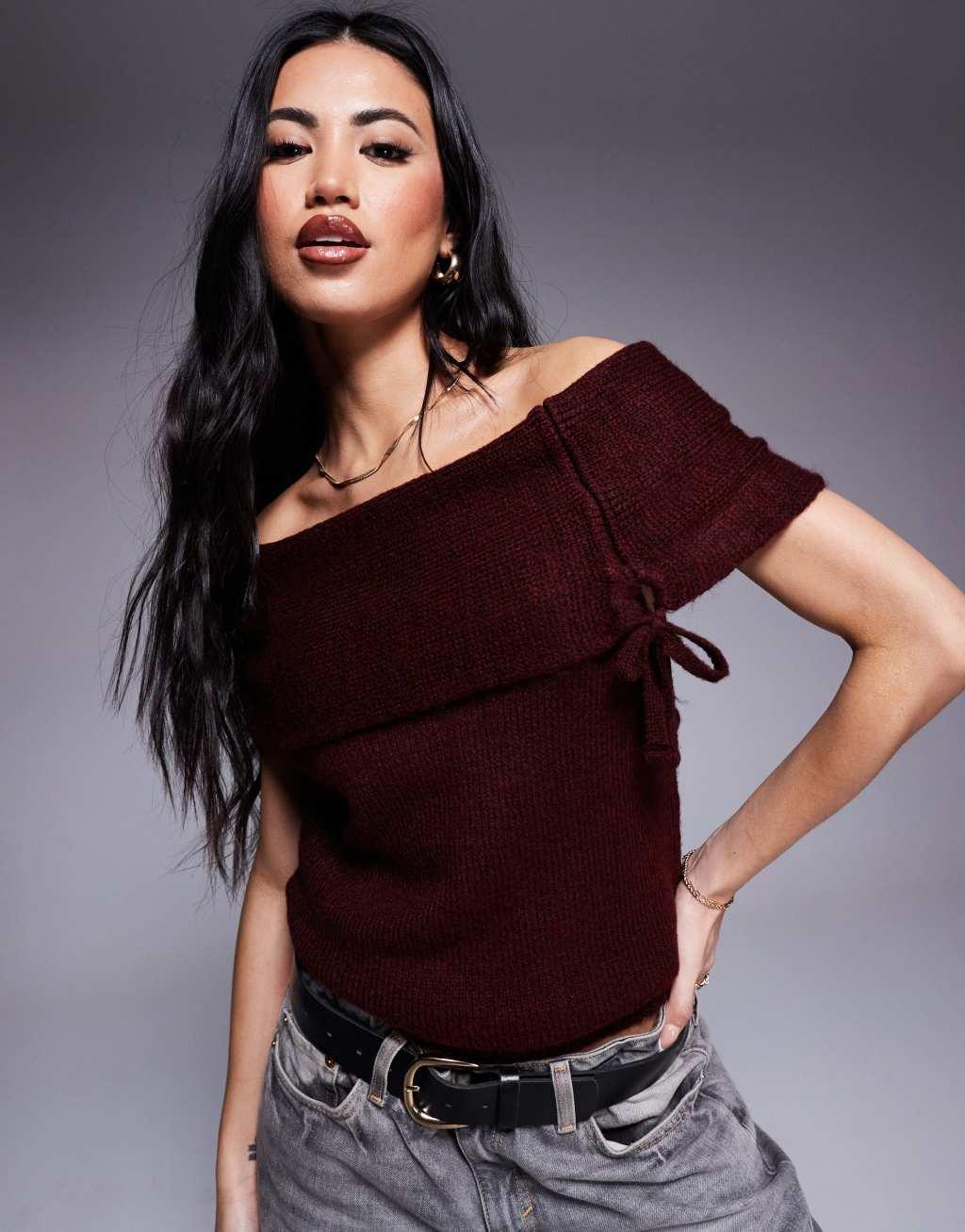ASOS DESIGN off shoulder bardot sweater in burgundy Product Image