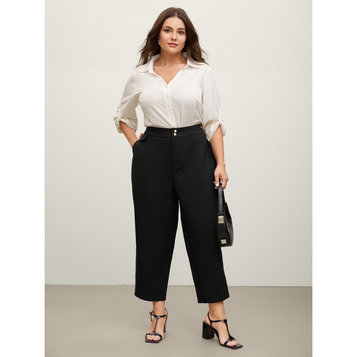 Plus Size Stretchy Double Button Straight-Leg Pants Women Black Loose Mid Rise Work Pants BloomChic 26/4X Product Image