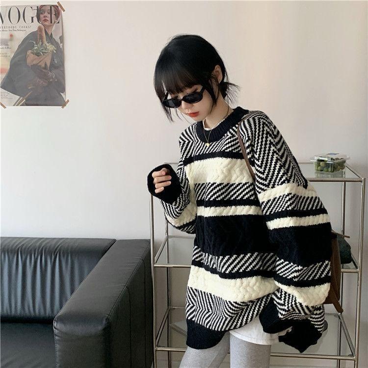 Round Neck Herringbone Oversized Sweater Product Image