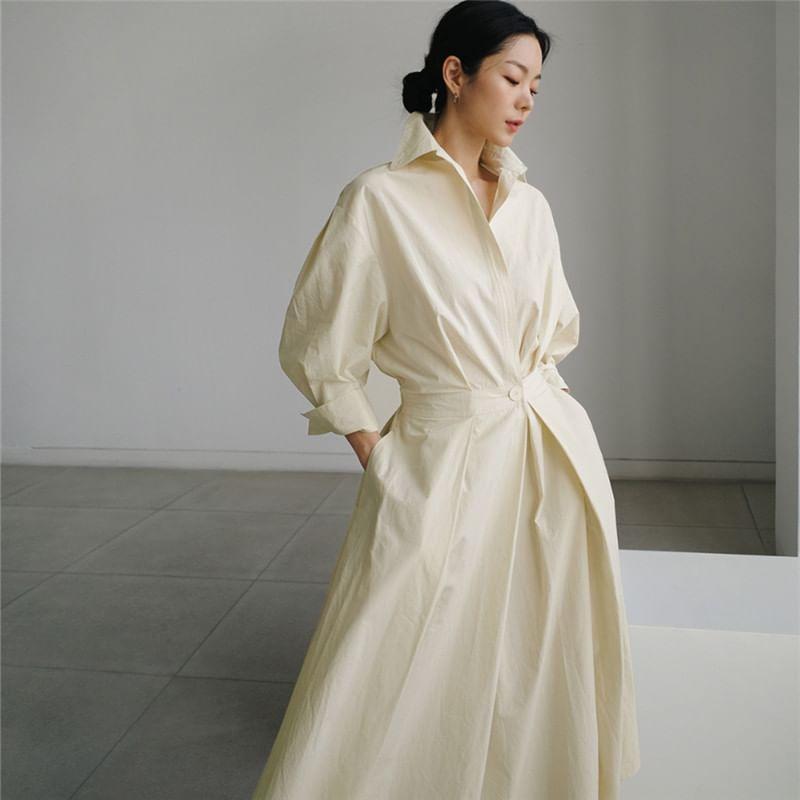 Long-Sleeve Plain Maxi A-Line Shirt Dress Product Image