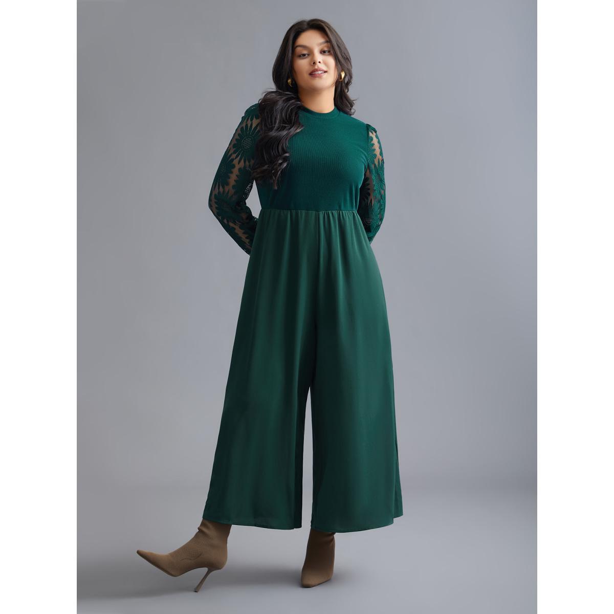 Plus Size Truegreen Crochet Lace Mesh Mock Neck Jumpsuit Women Elegant Long Sleeve Mock Neck Everyday Loose Jumpsuits BloomChic 18-20/2X Product Image