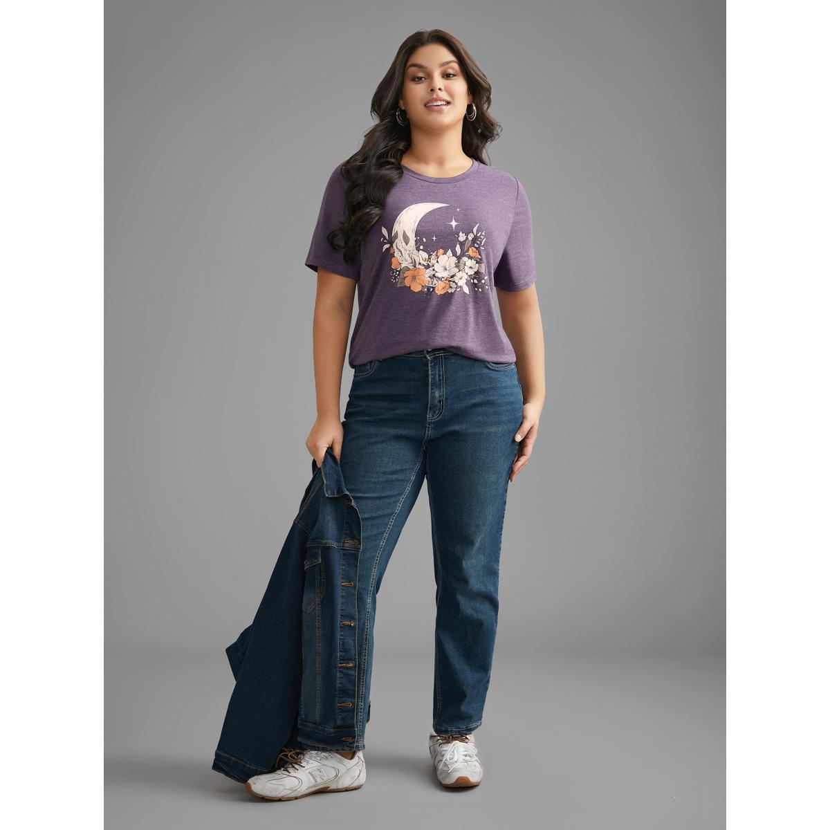 Plus Size Round Neck Moon & Floral Print T-shirt Eggplant Women Casual Non Natural Flowers Round Neck Everyday T-shirts BloomChic 18-20/2X Product Image