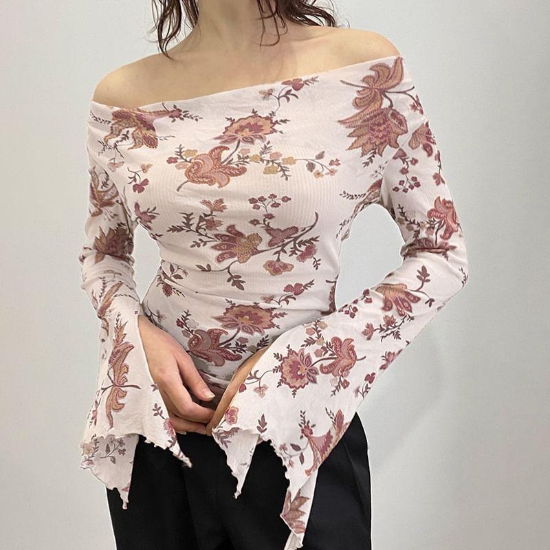 Bell Sleeve Off-Shoulder Floral Print Mesh Slim-Fit Crop Top Product Image