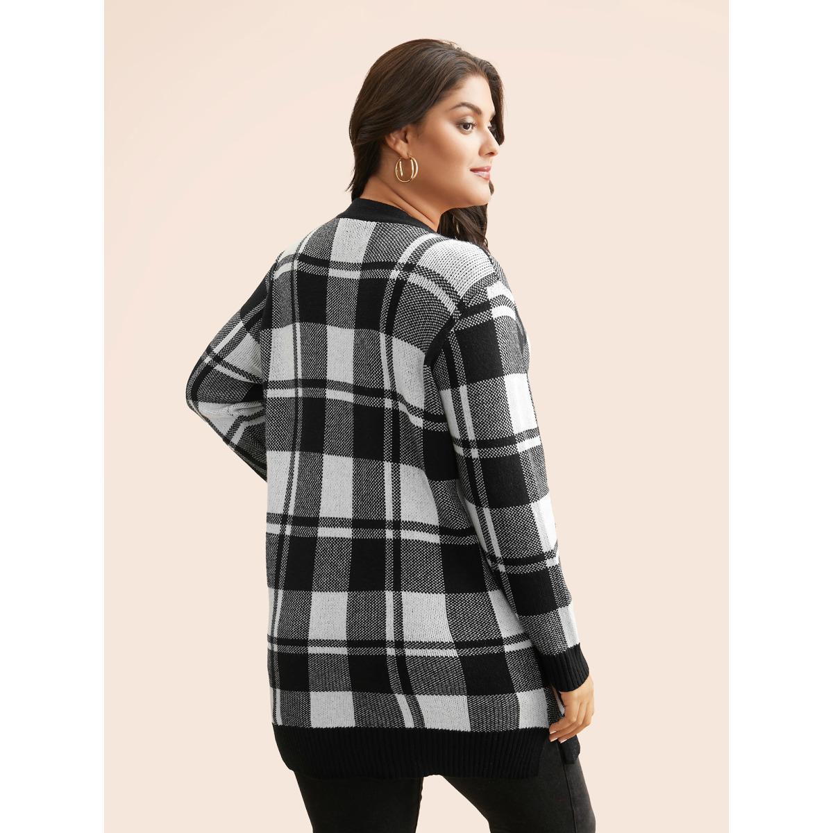 Plus Size Kimono Collar Plaid Slit Hem Cardigan Black Women Casual Loose Long Sleeve Everyday Cardigans BloomChic 12/L Product Image
