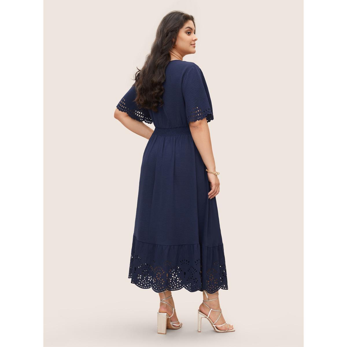 Plus Size Solid Laser Cut Shirred Pocket Wrap Scalloped Trim Flutter Dress Navy Women Elegant Non V-neck Short sleeve Curvy Midi Dress BloomChic 18-20/2X Product Image