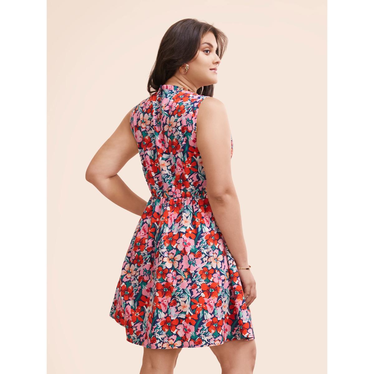 Plus Size Floral Shirred Frill Trim Tank Dress Navy Women Elegant Frill Trim Round Neck Sleeveless Curvy BloomChic 30/6X Product Image