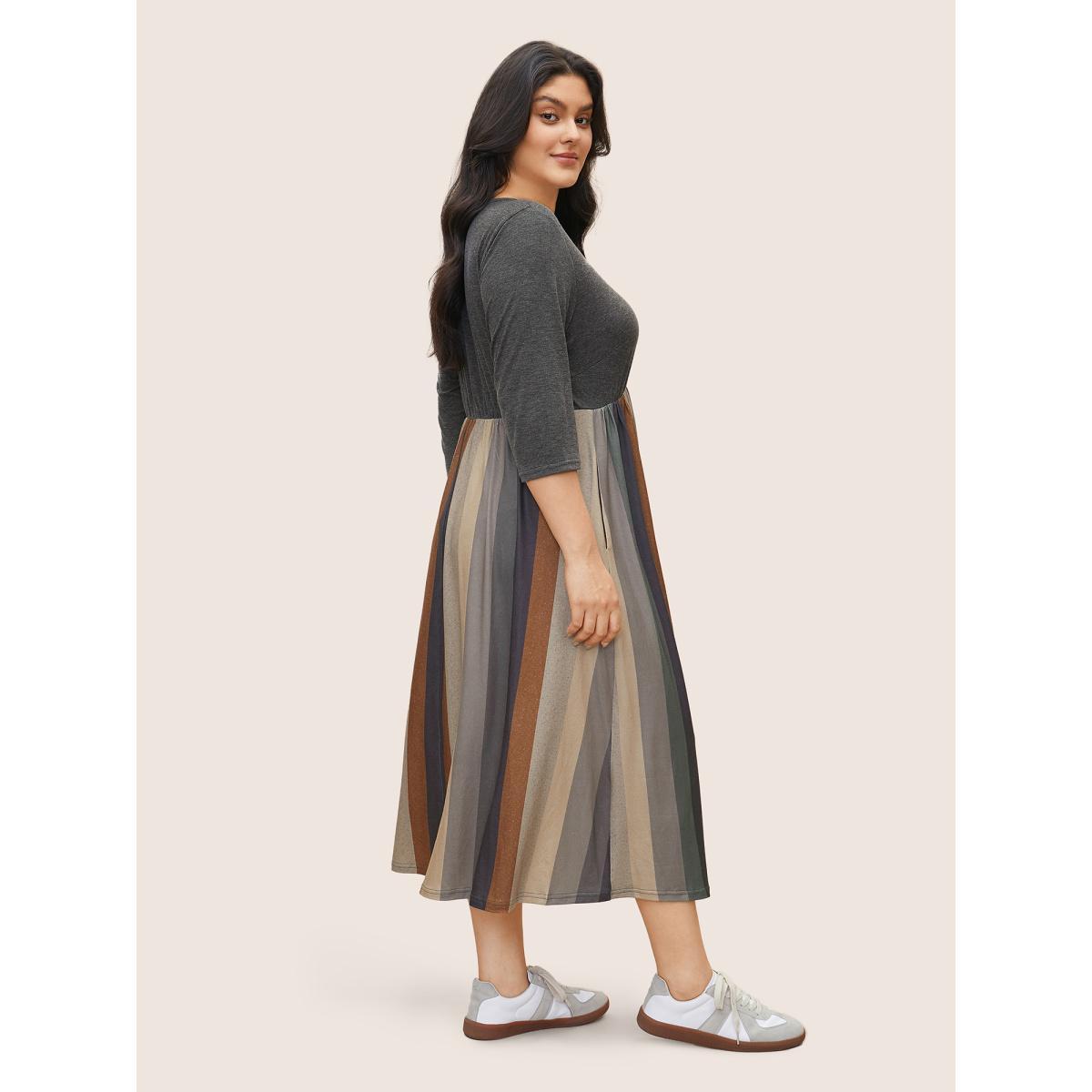 Plus Size Solid Patchwork Pocket Striped Flutter Hem Dress DimGray Women Casual Non Round Neck Elbow-length sleeve Curvy Midi Dress BloomChic 30/6X Product Image