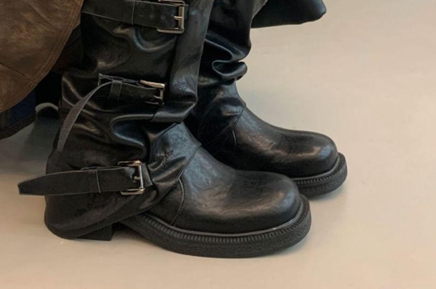 Faux-Leather Buckled Short Boots Product Image