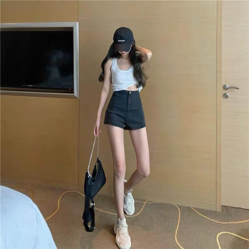 High Waist Plain Denim Shorts Product Image